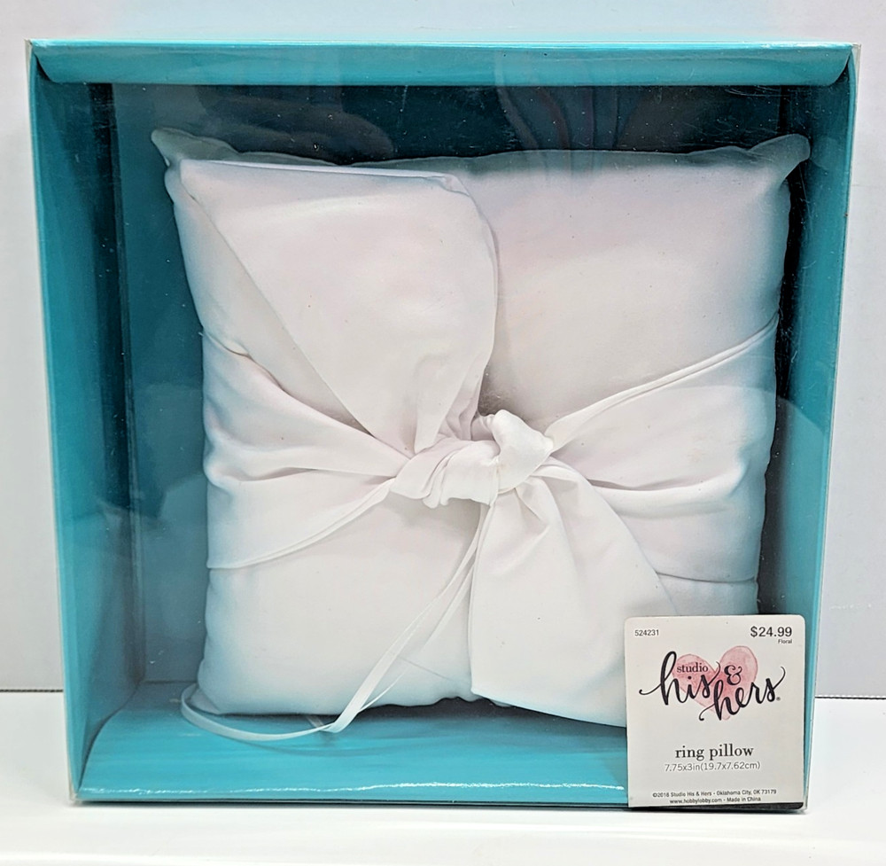 Studio His & Hers Wedding Ring Bearer Pillow White Satin NEW