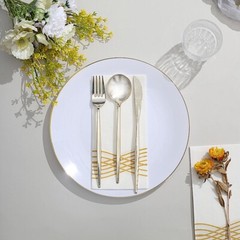 WHITE 10 Glossy 10″ Round Plastic Salad PLATES Gold Rim Party Events Decorations
