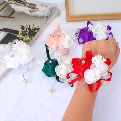 2 Pcs Wrist Corsage Silk Rose Pearls Wedding Bridesmaid Champagne