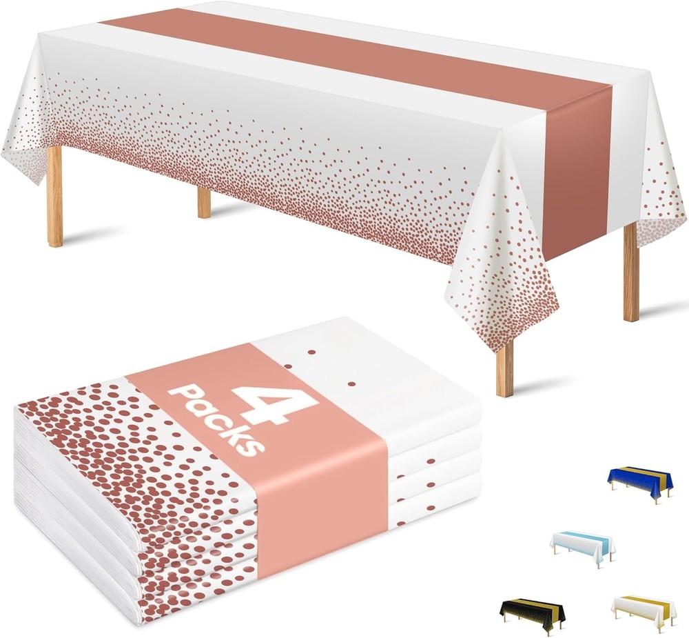 OHOME 4 Pack Disposable Plastic Table Cloths,White and Rose Gold Rectangle Table