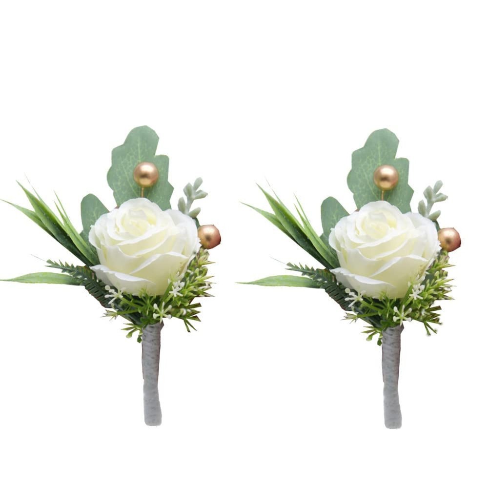 2pcs Boutonniere for Men Wedding, Groom Groomsman Artificial White Rose Flowe…