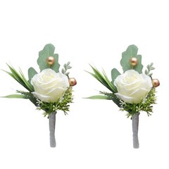 2pcs Boutonniere for Men Wedding, Groom Groomsman Artificial White Rose Flowe…
