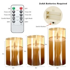Flickering Flameless Candles with Remote,4″, 5″, 6″ x 3″ Diameter Glass Brown
