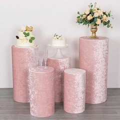 5 BLUSH Crushed Velvet Cylinder Display STAND COVERS Set Party Decorations