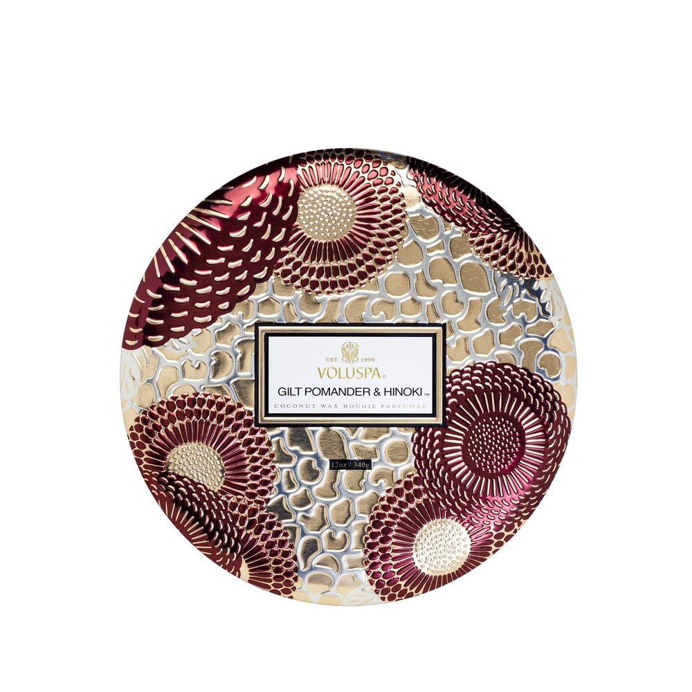 Voluspa Gilt Pomander Hinoki 3 Wick Tin Candle 12 Ounces 40 Hour Burn Time