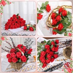 24 Pcs Rose Artificial Flowers with Long Stem Real Touch Silk Plastic Red