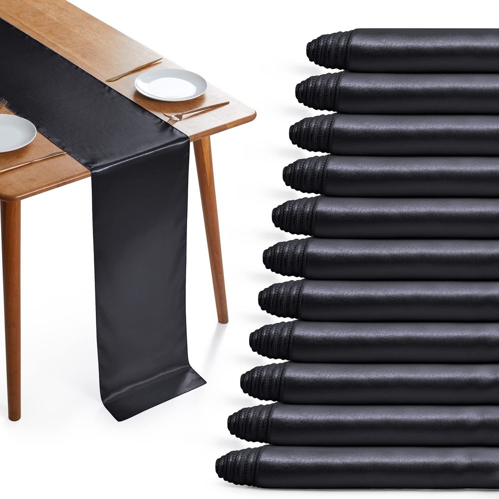 12 Pack Black Satin Table Runners, 12 x 108 Inches Silky Long Table Runner De…