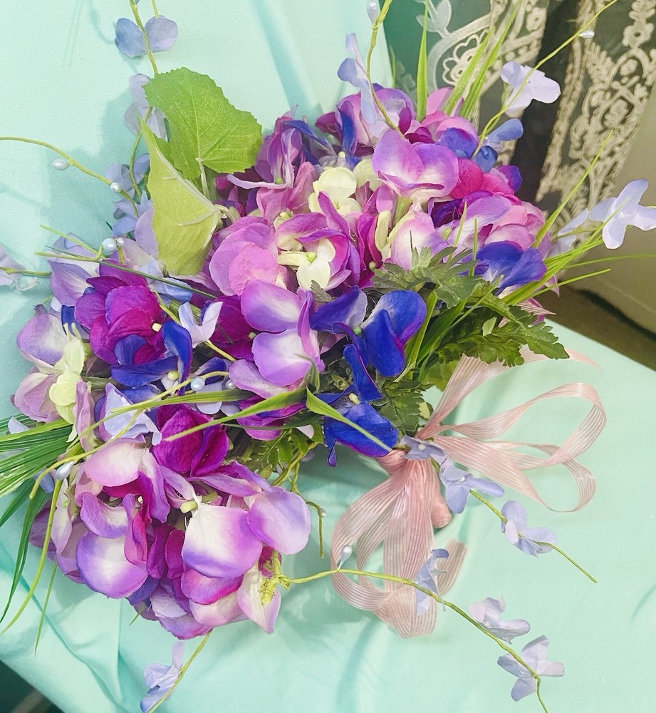 Wedding Silk Flower Hand Tied Bouquet Garden Style Purple Pink Hydrangeas 12×8