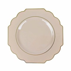 10 Taupe 12″ Baroque PLASTIC DINNER PLATES with Gold Rim Party Event Decorations