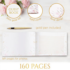 Guest Book Set Include Gold Pen and Corner Stickers Floral Design Sign-In Album