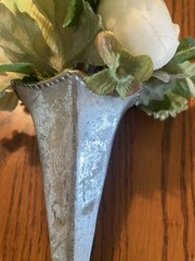 Hand Held Pewter Metal Bridal Bouquet Cone Holder W/Artificial Flowers