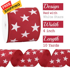 MEEDEE 4 Inch Patriotic Dupioni Wired Ribbon, 10 4 Inch, Red with White Stars