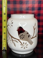 Vintage Pierced Ceramic Tealight Candle Holder Cutout Bird Branch Leaves Decor