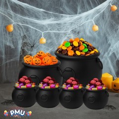 PMU 6pc Halloween Cauldron Pot Kettle Set: 8″, 6″, 4x 3″ Black Plastic Decor