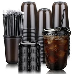 Set Clear Plastic Cups with Sip Lids & Straws, Disposable Round 16oz 100 Black