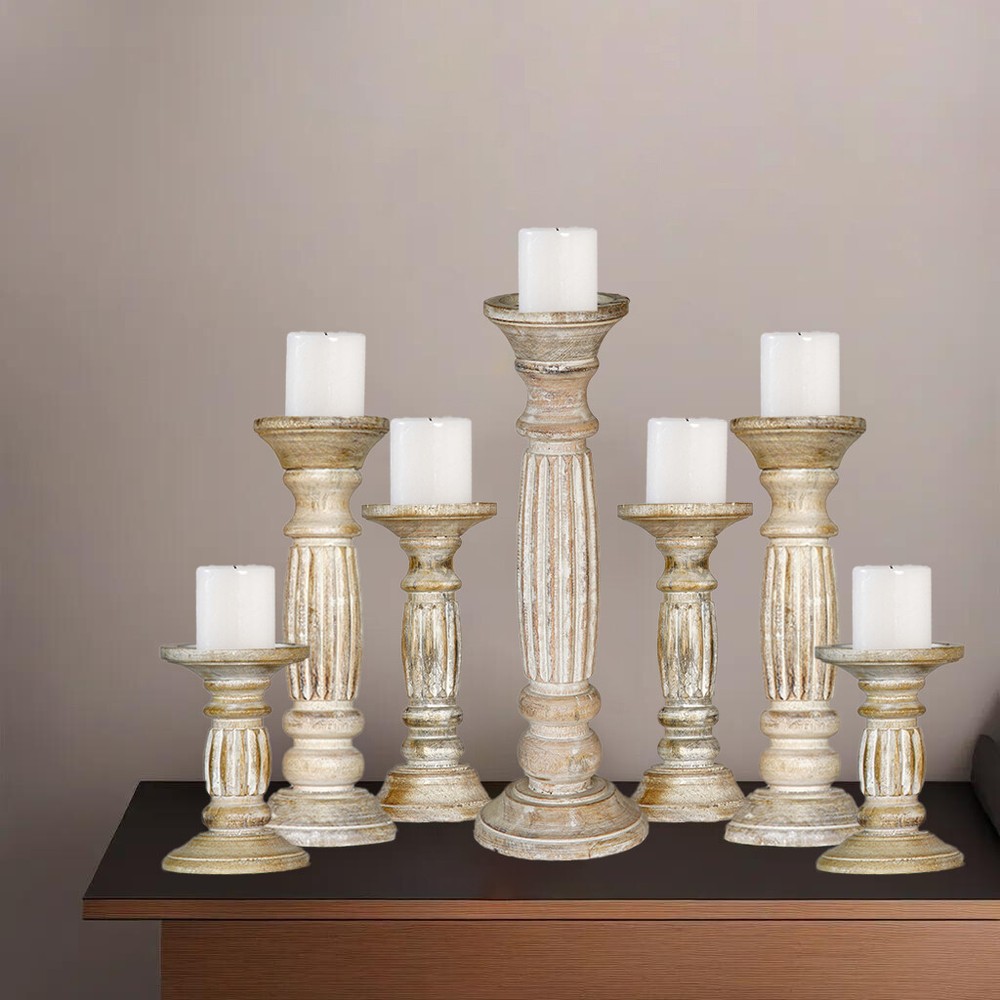 Eco-Friendly Handmade Traditional Mango Wood Set Of Seven Pillar Candle Holder