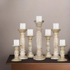 Eco-Friendly Handmade Traditional Mango Wood Set Of Seven Pillar Candle Holder