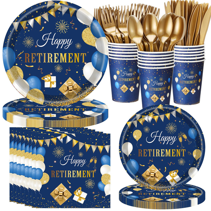 Sunnychicc 400 Pcs Happy Retirement Party Supplies Blue Gold Retirement