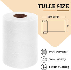 White Tulle Fabric Roll 6 Inch by 100 Yards (300 Feet) Sheer Tulle Ribbon for Ch