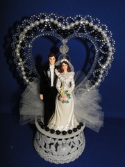 New Vintage Bride & groom black tux with black beaded trim Wedding Cake Top #295
