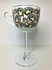 Floral Bone China Teacup Wine Glass Gold Trim Roses Petunia PAIR Wedding Shabby