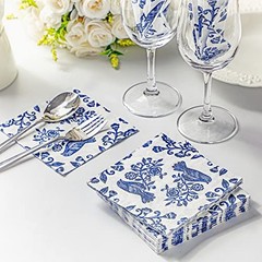 200 Pcs Blue Floral Napkins Blue White Disposable Dinner Napkins 10 x 10 Inch