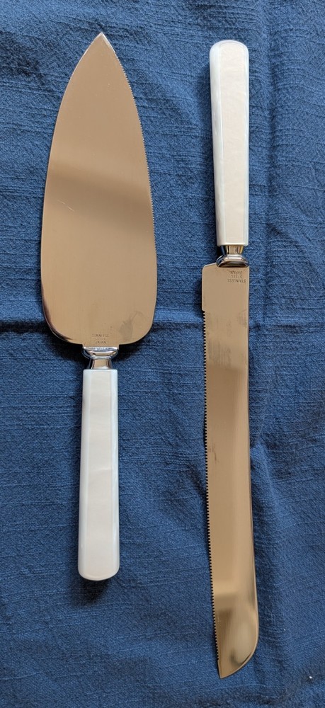 Wedding Cake Serving Set Knife & Server Iridescent White Handle Stainless Japan