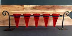 Red Glass Votive Candle Holder Set of 5 w Black Metal Stand Centerpiece