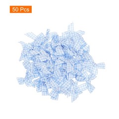 50Pcs Mini Gingham Ribbon Bow 1.5″ Checkered Fabric Satin Light Blue and White