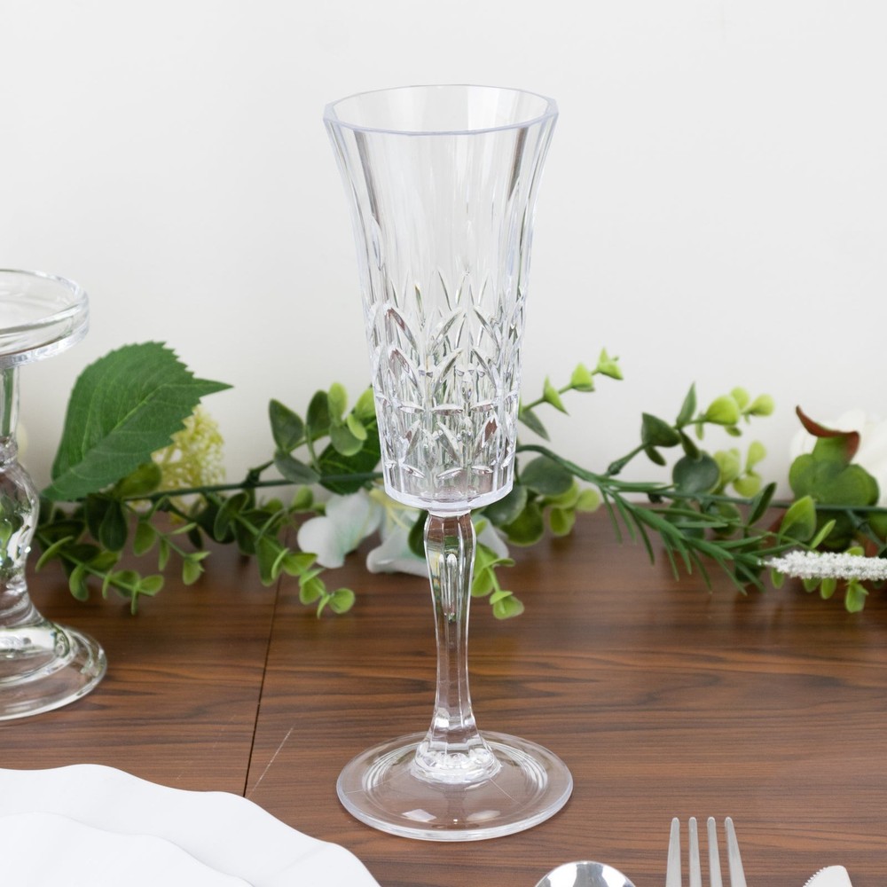 6 CLEAR Shatterproof 6 oz Plastic Champagne Flutes with Embossed Leaf Pattern