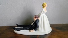 Wedding Cake Topper Figurine Funny Bride Dragging Reluctant Groom Shot Gun Blond