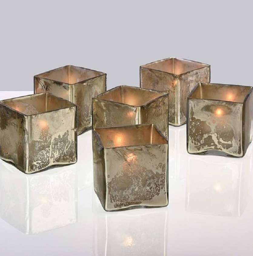 6 NIB Antiqued Silver “Mercury” Glass 3” Square Cube Votive Vase, Wedding, Event