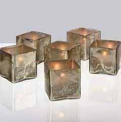 6 NIB Antiqued Silver “Mercury” Glass 3” Square Cube Votive Vase, Wedding, Event