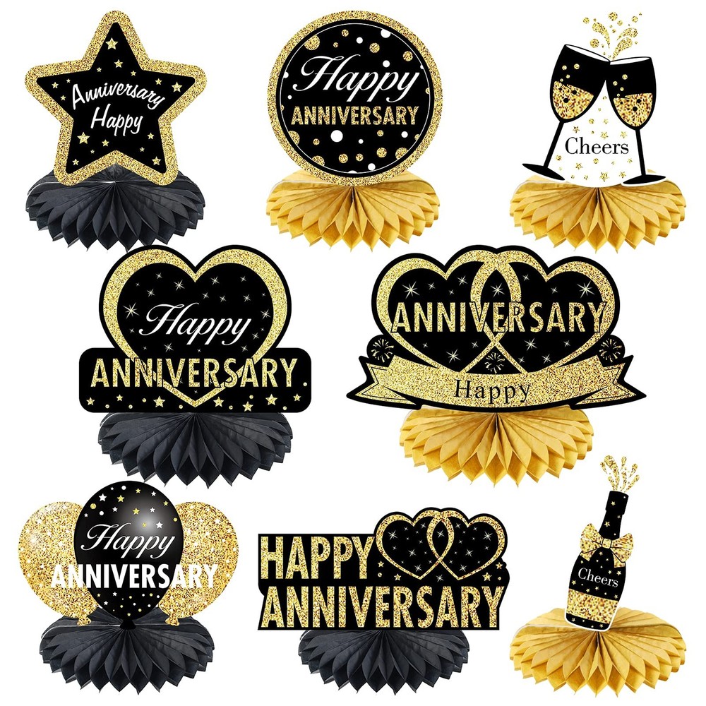 Happy Wedding Anniversary Decorations Table Honeycomb 8, Black, Gold