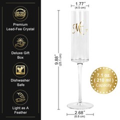 Mr & Mrs Champagne Flutes Set of 2, 7.1Oz Crystal Glassware for Engagement Party