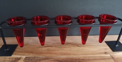 Red Glass Votive Candle Holder Set of 5 w Black Metal Stand Centerpiece
