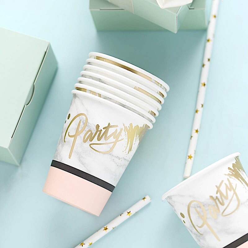 WHITE BLUSH 24 Marble 9 oz All Purpose PAPER CUPS Party Catering Decorations