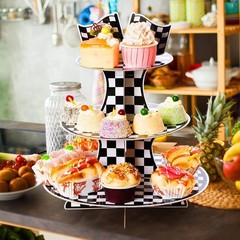 Racing Car 3 Tier Cupcake Stand Black White Checkered Dessert Display Tower
