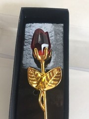 Gold Stem Red Rose in a box Wedding Favor Gold Tone Red Crystal 3.5” Length