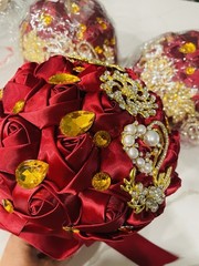 Artificial Red Rose Wedding Bouquet w/ Gold Rhinestone Brooch, Fabric & Plastic