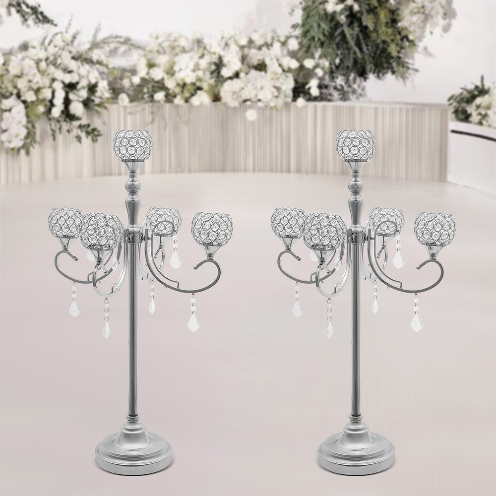 5 Arms Crystal Candelabra Freestanding Candle Holder Centerpiece Silver