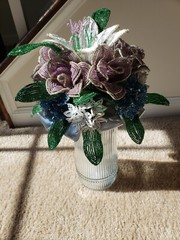 Beaded Flower Wedding Bridal Bouquet W/White Blue Purple Handmade Flowers