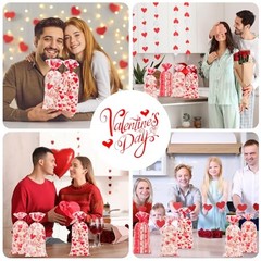 100 Pcs Valentine Treat Bags – Red Heart Cellophane Goodie Bags, Valentines