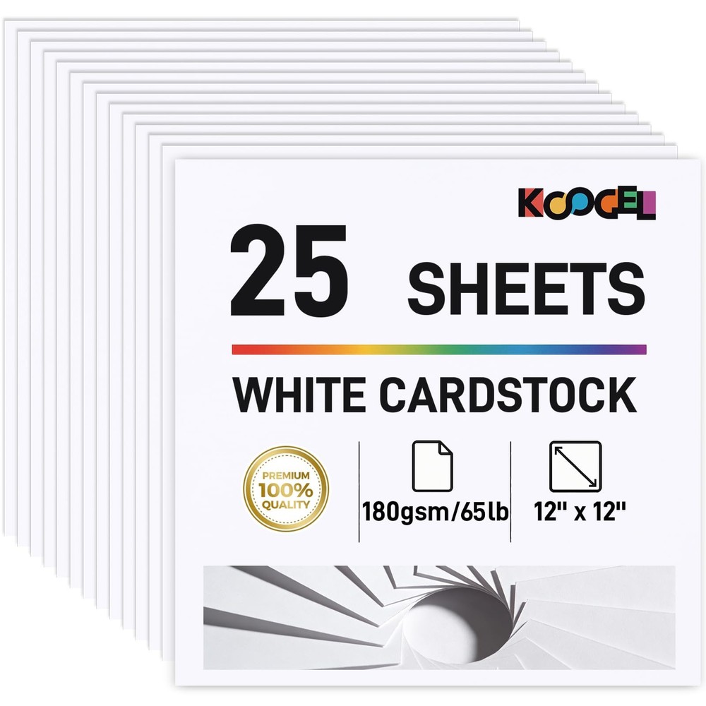 Koogel 25 Sheets 12×12 White Cardstock Paper, 65LB/180GSM Medium,