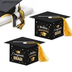 2026 Graduation Party Card Box, Black Gold Congrats Cap Card Holder Box with Tas