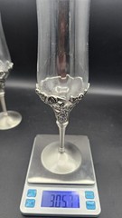 Pair Pewter Glass Champagne Flutes Roses Grapes Wedding Toast Goblets