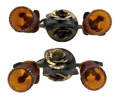 Pair 1970’s 2 Votive Candle Holders Amber Glass with Wrought Iron/Steel Roses