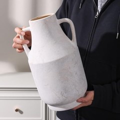 White Ceramic Flower Vase with Handles, 11 in Tall Rustic 11inch Vintage White