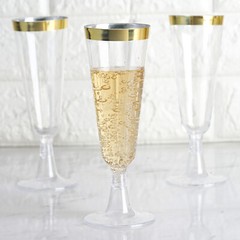 5 oz Clear with Gold Rim Plastic Champagne Disposable Glasses Party TABLEWARE