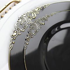 10 BLACK GOLD 8″ Round Plastic Salad Dinner PLATES Embossed Baroque Rim Party